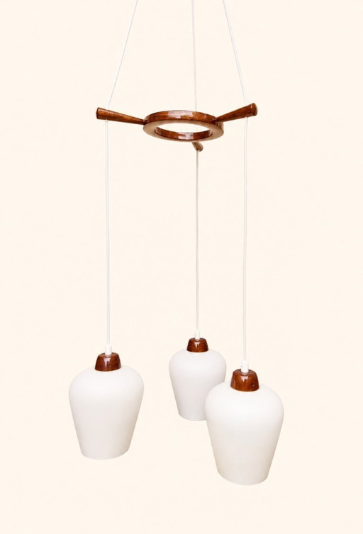 Lampada a sospensione vintage - Teak e vetro opalino - Anni '70