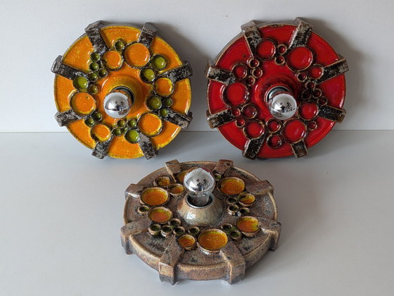Image 1 of Rare Trio of 1970s Fat Lava Ceramic Wall Sconces - Hustadt Leuchten Style - Space Age Pop Art Sconces - Red, Orange & Earth