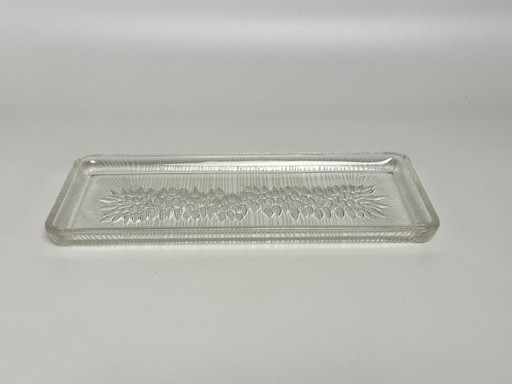 Vintage Art Deco Belgian Transparent  Glass Rectangle Cake Plate with Elegant Drop Pattern, Belgium 1960s.