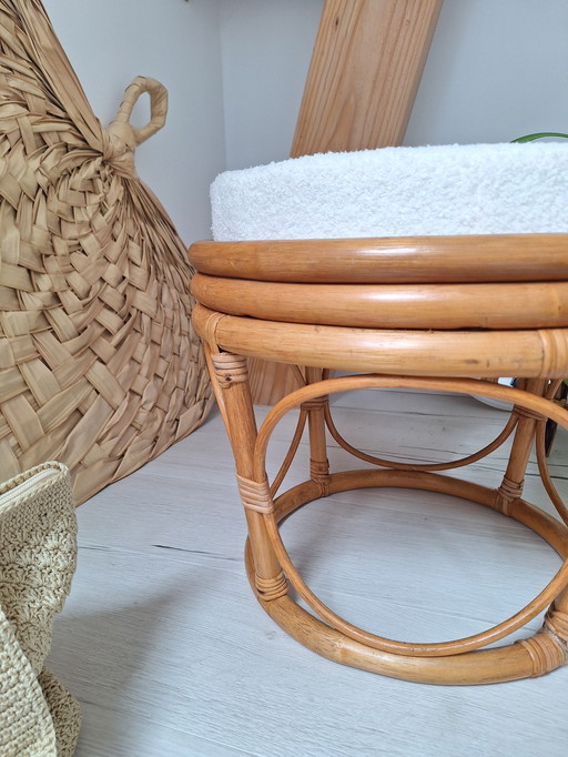 Rattan And Bouclette Fabric Pouf