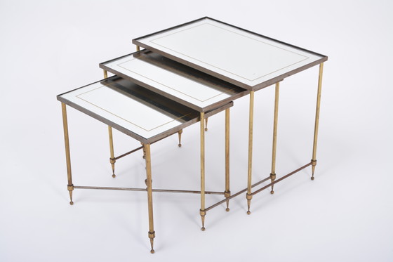 Image 1 of Hollywood Regency Brass and Glass Nesting Tables in the Style of Maison Jansen, Set of 3