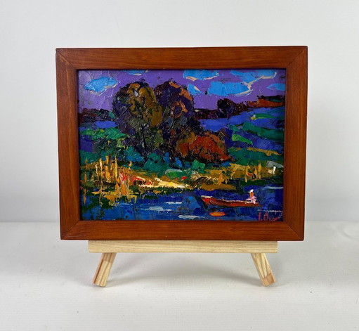 Original Oil Painting Summer Coastal Landscape In the evening by the river