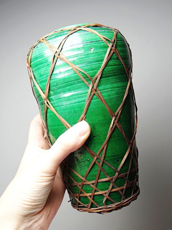 Image 1 of Antique Japanese green ceramic vase with Awaji Yaki bamboo lacing, 1900-1930
