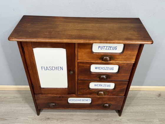 Image 1 of Antique kitchen cabinet with porcelain drawer plates | ca. 1900-1930