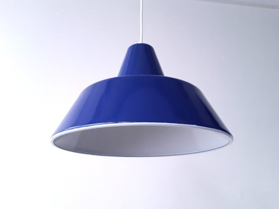 Image 1 of Louis Poulsen dark blue enamel pendant lamp, minimalist industrial Danish pendant lamp, mid-century modern dining table lamp