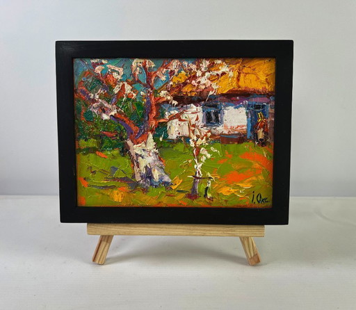 Original Oil Painting Spring Village Landscape Quiet comfort beneath the spreading tree