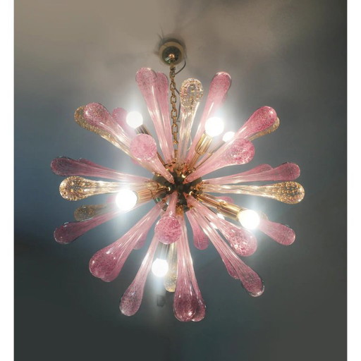 Lustre Sputnik en verre de Murano avec des gouttes d'air dorées et roses