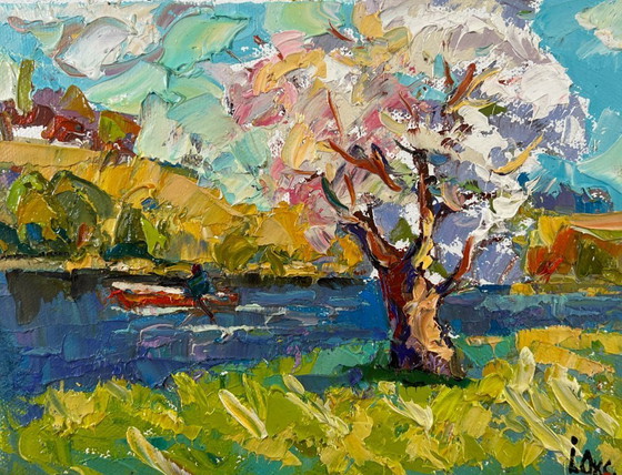 Image 1 of Original Oil Painting River Coastal Landscape Early spring morning