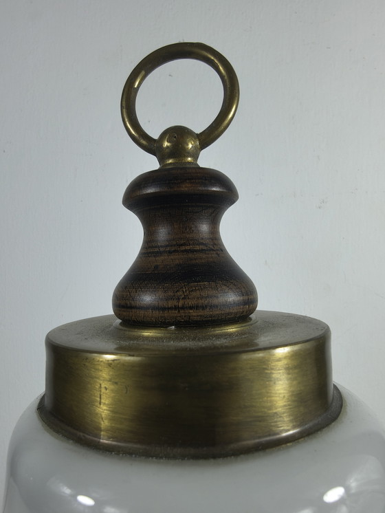 Image 1 of Vintage brass wood table lamp with opaline glass shade – classic / country style