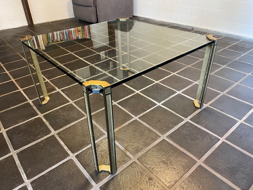 Table basse en laiton & verre de Peter Ghyczy, années 1970