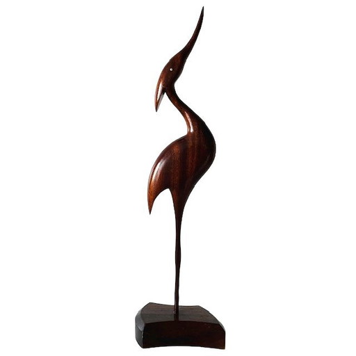 Grue vintage en bois, design danois du milieu du siècle, héron en teck laqué, années 1970