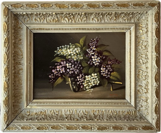 French Floral Oil Painting on Solid Wood Panel with Original Carved Frame, c. 1950