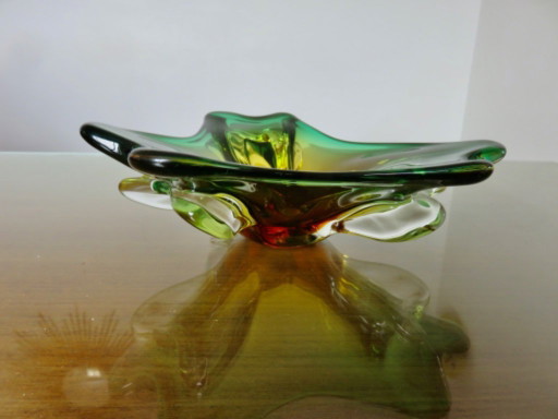 Large Murano glass trinket tray in green, amber and clear, 1960s-70s
