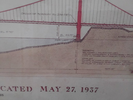 Disegno tecnico del Golden Gate Bridge, incorniciato, Litografie e stampe, Carta, Legno, Nero, Klassiek (foto 5 di 10)