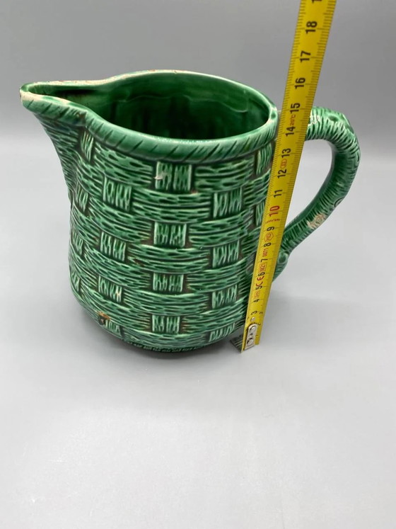 Digoin Sarreguemines Green Slipware Jug with Basketweave Pattern, Model 7308 – Crockery (photo 7 of 7)