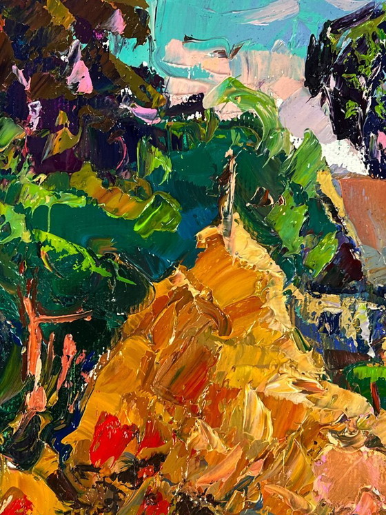 Image 1 of Original Oil Painting Rural Landscape Village The Goat in the Courtyard