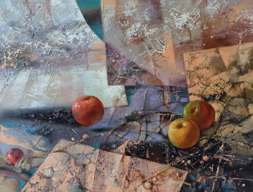 Originales Ölgemälde, abstraktes Fruchtstillleben, Äpfel – schilderijen tekeningen, Canvas