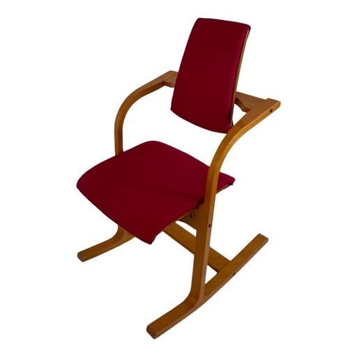 Peter Opsvik - Stokke - Actulum - Ergonomically Shaped Rocking Chair - Red Upholstery And Wooden Frame - New Upholstery!