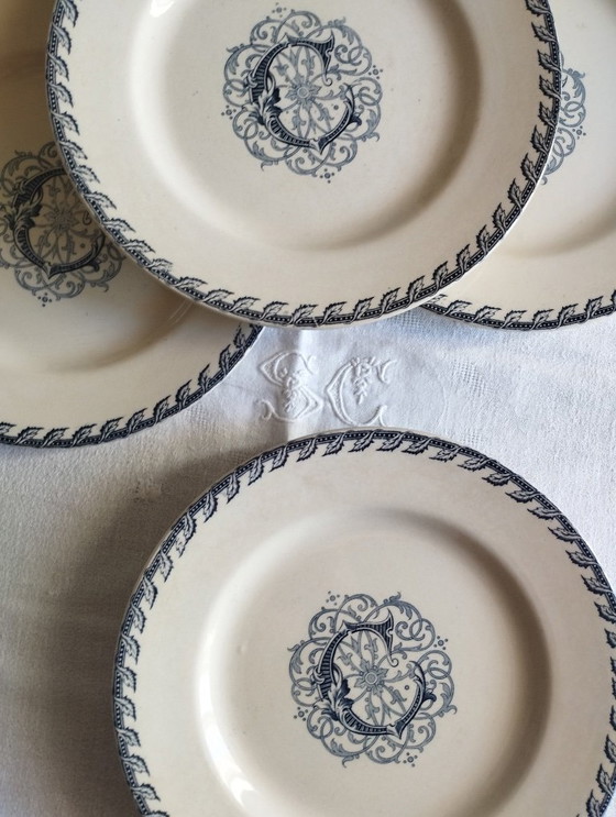 Image 1 of KG Lunéville - 6 ironstone dinner plates monogrammed "C"