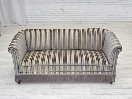 Image 1 of 1960s Danish 3-Seater Sofa, Blue/Beige Furniture Velour, Beech Wood Legs
