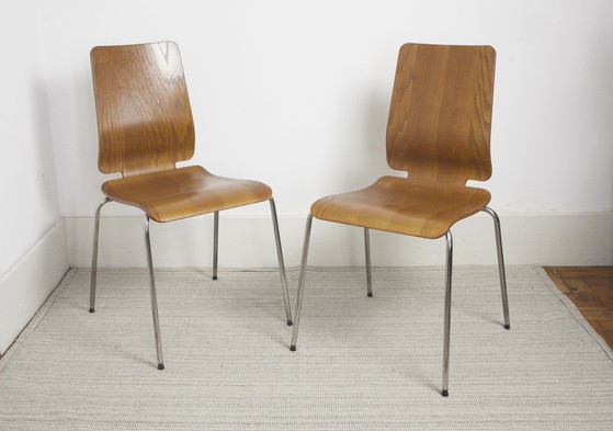 Image 1 of Chaises IKEA Gilbert en teck vintage, ensemble de 6 chaises de salle à manger empilables en contreplaqué de teck, style scandina