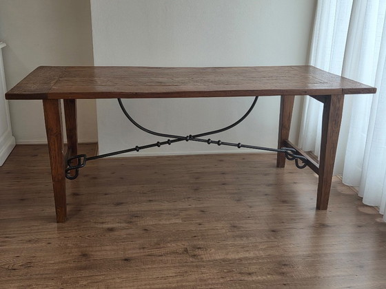 Tavolo da pranzo antico spagnolo con gambe a cavalletto - Legno massello e ferro battuto (200x89 cm) (photo 19 of 20)