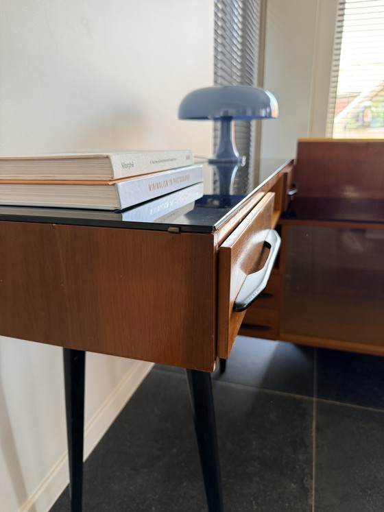 Vintage Mid-Century Desk With Sideboard Závody Bučovice – Glass, Wood (photo 4 of 8)