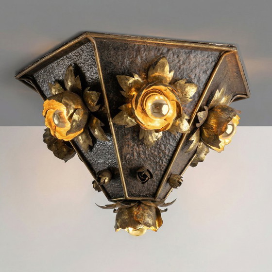 Image 1 of Lámpara de techo floral de latón estilo Hans Kögl, Alemania, década de 1970.