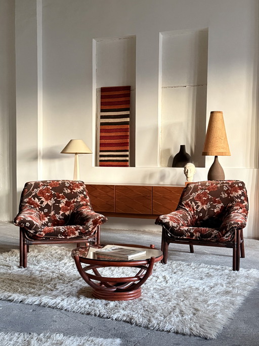 BAMBOO SET 2x ARMCHAIRS & COFFEE TABLE FLORAL PATTERN VELVET 1980s