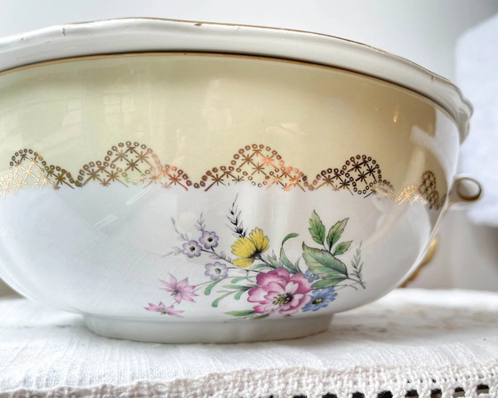 Vintage Bloemen Wit Geel Verguld Porseleinen Soepterrine L'Amandinoise 38754 Frankrijk Jaren 50 – Servies (photo 3 of 8)