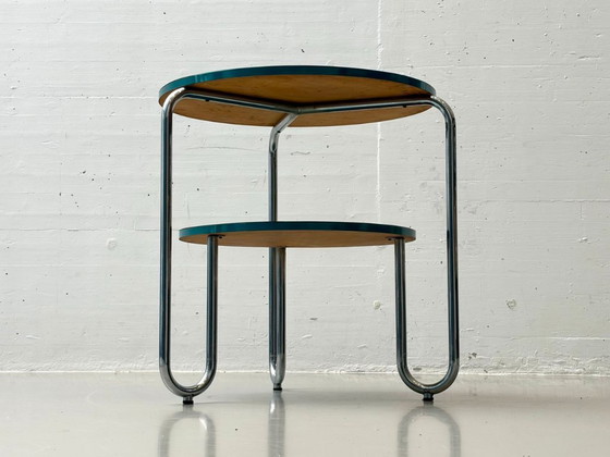Image 1 of Bauhaus loop table with petrol-colored Resopal coating, 1960s