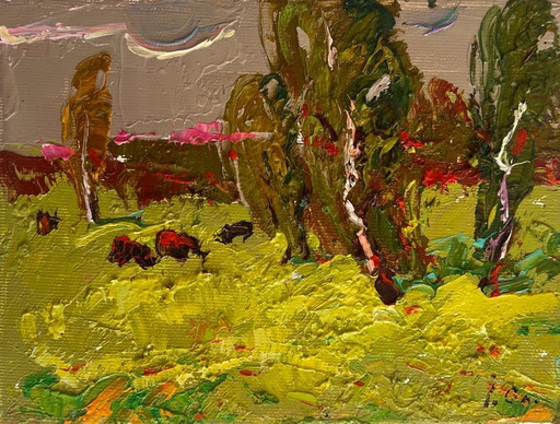 Original-Ölgemälde Abendliche Naturlandschaft Saftige Sommerwiesen