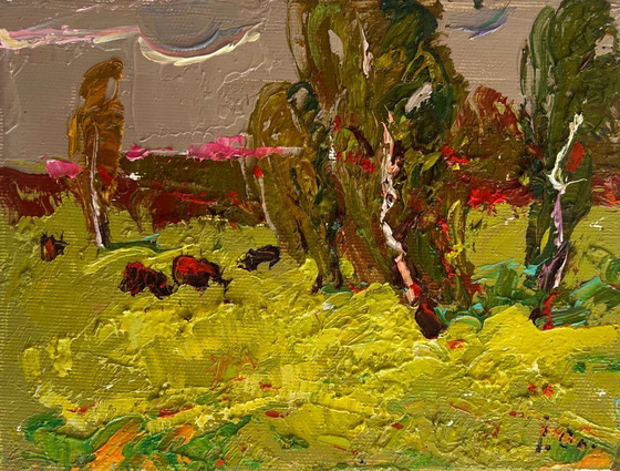Image 1 of Original Oil Painting Evening Nature Landscape Juicy summer meadows