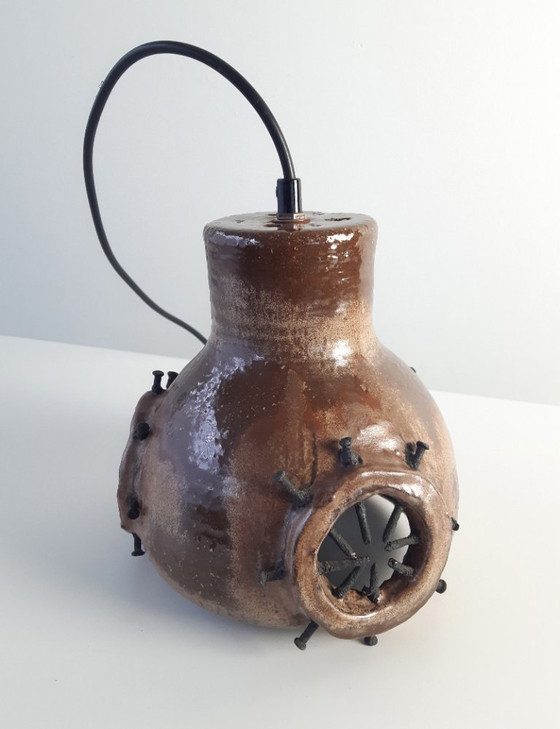 Image 1 of Ceramic earthenware vintage brutalist pendant lamp in brown tones, West Germany fat lava style, wabi-sabi lamp