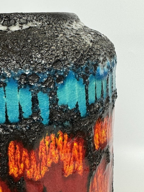 Image 1 of Large Ceramic Black Fat Lava Vase with Brilliant Azur Blue and Orange Enamel Accents, West Germany 1970s.