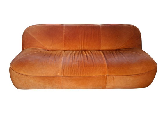 Image 1 of Vintage 1970s Set: 3-Seater Sofa + Orange Velvet Armchair