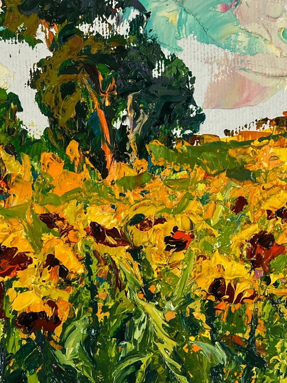 Image 1 of Peinture à l'huile originale, paysage naturel, tournesols d'été dans un champ