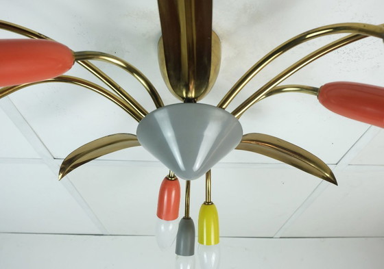 Image 1 of schöne 1950er Mitte Jahrhundert Sputnik Spinne 9-Licht Deckenleuchte Kronleuchter Messing Metall Mitte Jahrhundert stilnovo