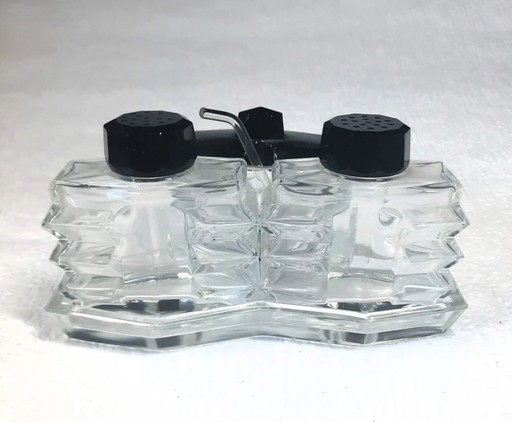 (W002) Set da menage in cristallo di Boemia Art Déco vintage – Dettagli in vetro nero, anni '30