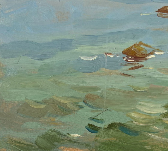 Image 1 of Original Oil Painting Summer Beach Landscape Boat near the shore