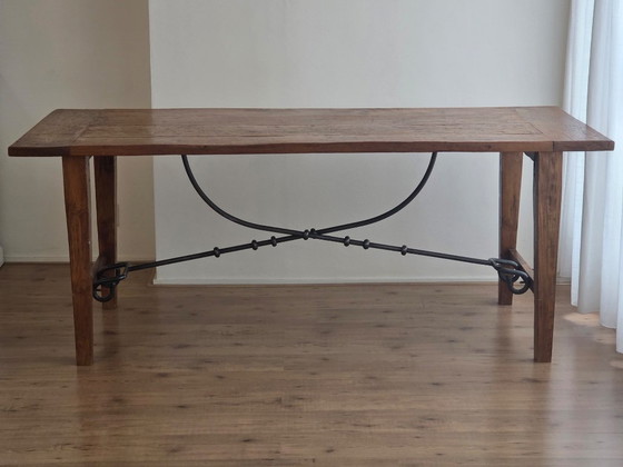 Tavolo da pranzo antico spagnolo con gambe a cavalletto - Legno massello e ferro battuto (200x89 cm) (photo 10 of 20)