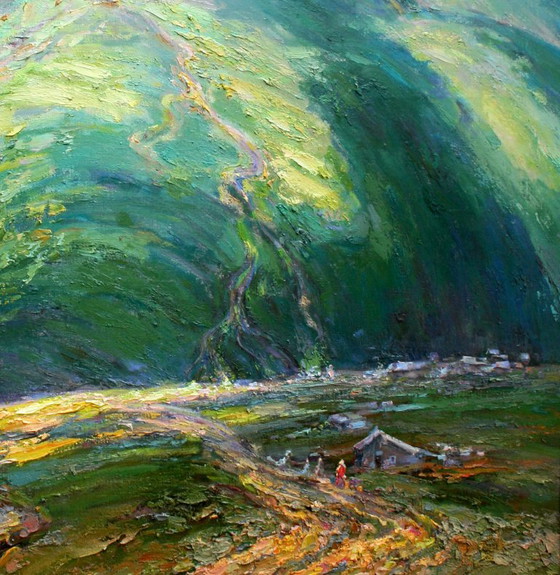 Original Oil Painting Landscape Nature Valley High In The Mountains – Paintings & Drawings, Canvas (photo 5 of 5)