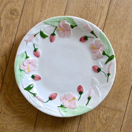 Vintage Portuguese earthenware dish with strawberries and pink flowers