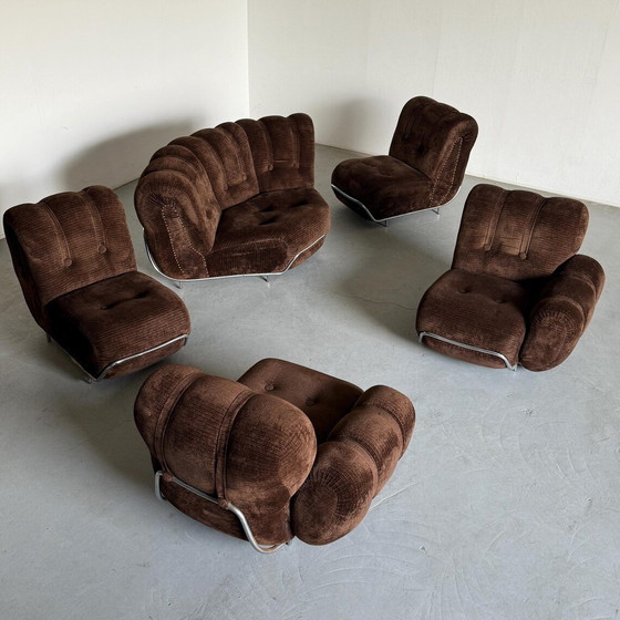 Image 1 of Mid-Century Cloud Sectional Sofa in Dark Brown Striped Fabric Upholstery and Chromed Steel, Italy 1970s