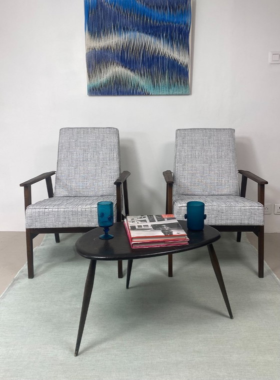 Image 1 of Zwei Henryk Lis 300-190 Sessel, 1970er Jahre, melierter graublauer Stoff. Ref.: Patty