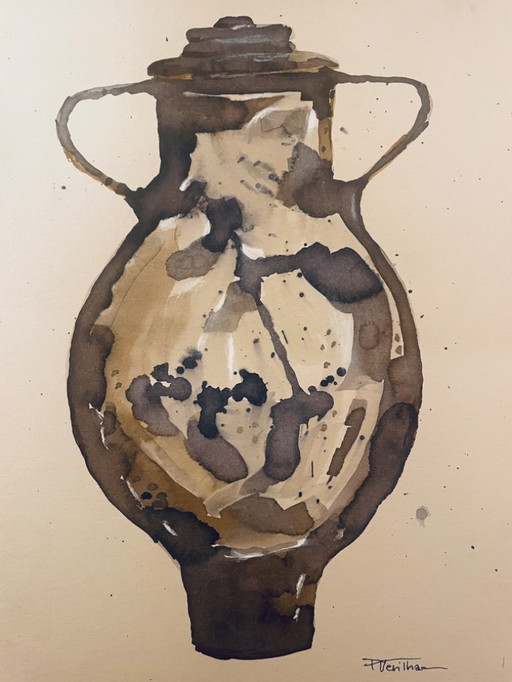 Signed watercolor and ink painting Wabi Sabi Sahara Vase