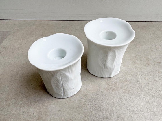 2 portacandele vintage in porcellana bianca biscotto con foglie - Tirschenreuth, Baviera – Porcelain (photo 5 of 5)