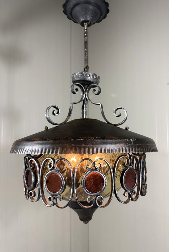 Brutalist iron and glass Pendant lamp 1960s, Metal, Brown, Vintage (photo 10 of 11)