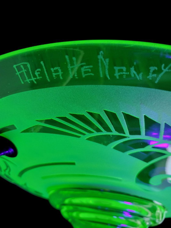 Image 1 of Very rare French Art Deco uranium chandelier from ca. 1925 by André Delatte with etched bird motif