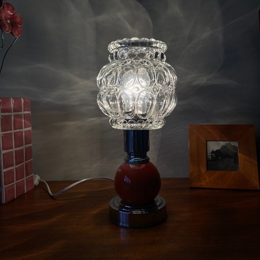 Lampe de table bureau chevet vintage tulipe en verre ancien et pied en métal orange et inox